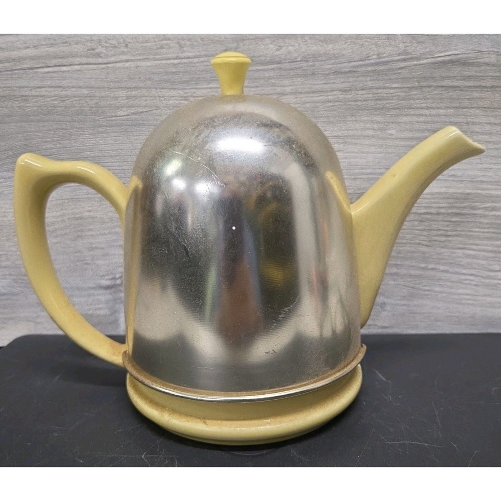 Vintage Mid-Century Hall Yellow Teapot w Insulated Aluminum Cozy Made In USA E3